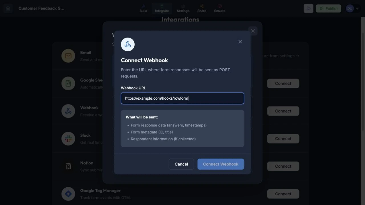 Connect Webhook dialog containing a safe example HTTPS endpoint.
