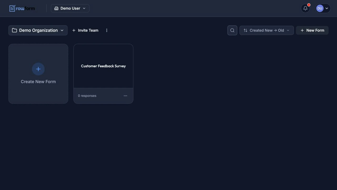 Rowform dashboard showing a form card, workspace controls, search, sort, and the New Form button.