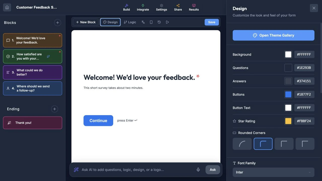 Design panel beside the live form preview with color, type, corner, and image controls.