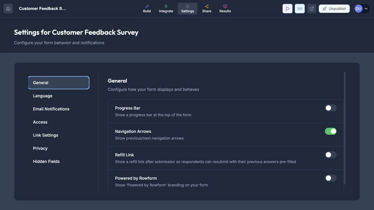 General form settings with progress, navigation, refill-link, and branding controls.