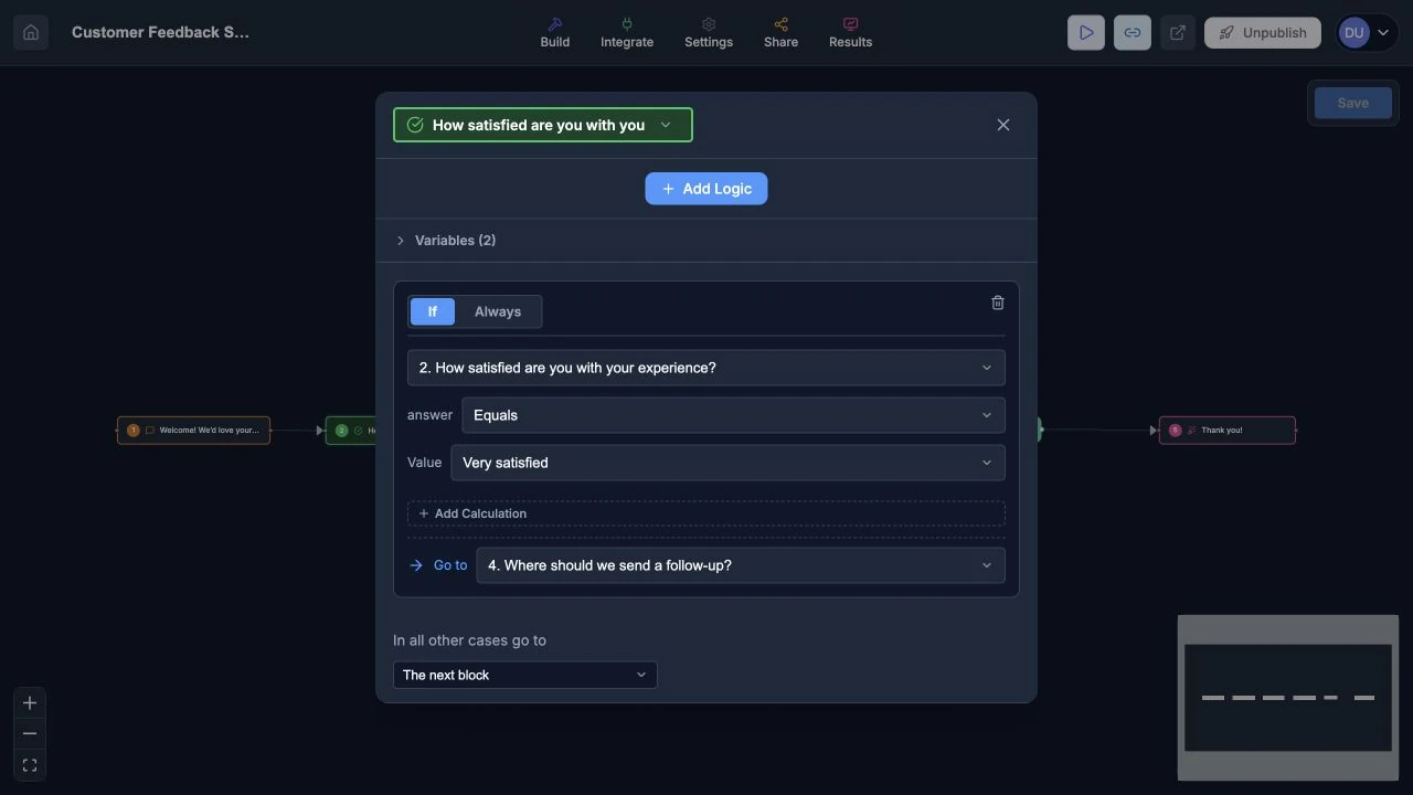 Logic editor with a saved answer condition and destination block.