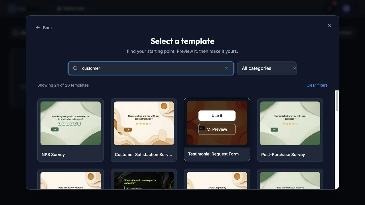 Template gallery showing keyword search, category filtering, result counts, and preview and use actions.