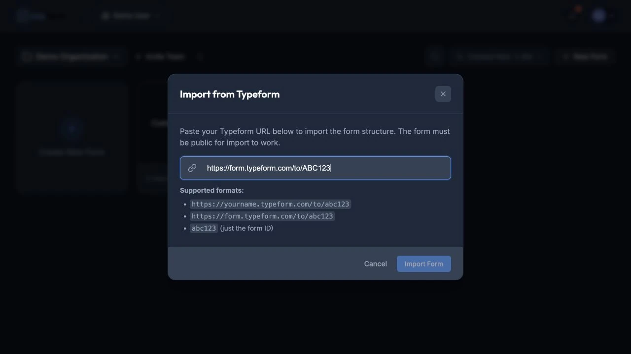 Import from Typeform dialog containing a safe example form URL.