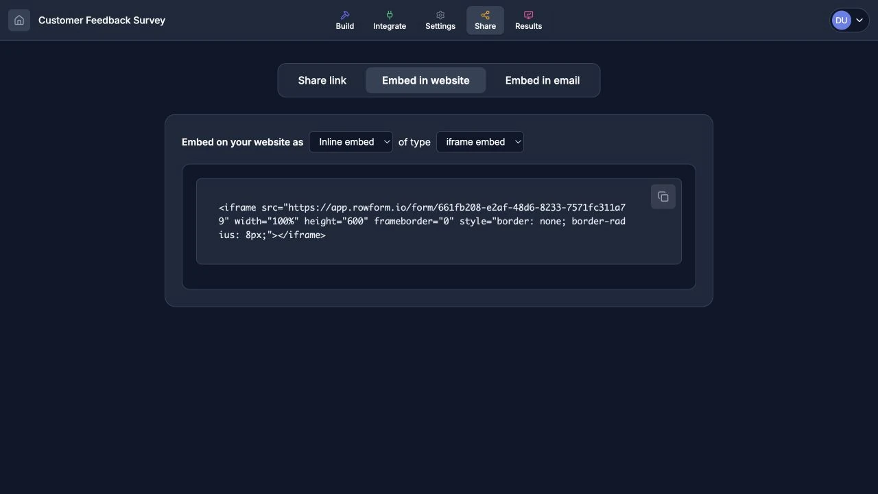 Embed in website view with Inline and iframe selected and the generated code visible.