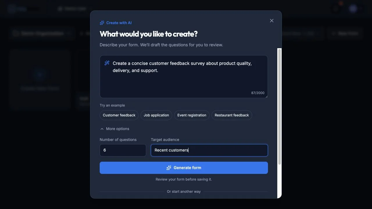 AI-first New Form dialog with a sample prompt and More options expanded for question count and target audience.
