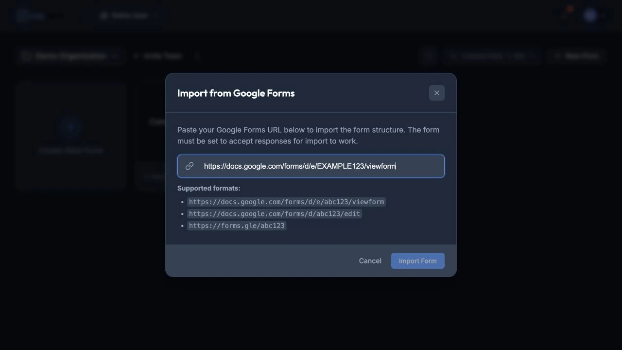 Import from Google Forms dialog containing a safe example form URL.