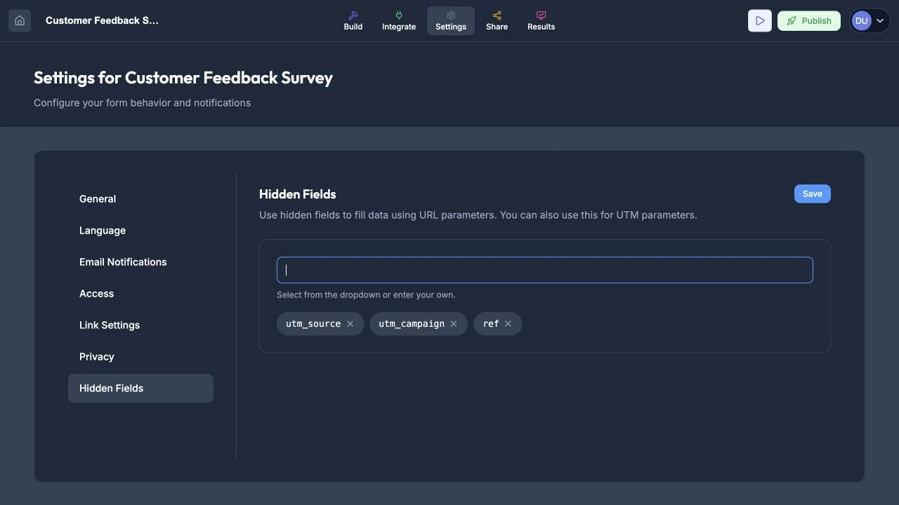 Hidden Fields settings with UTM and referral parameters configured.