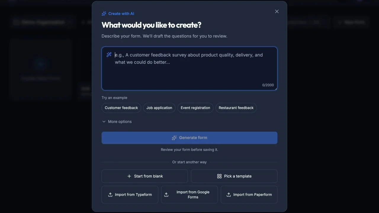 New Form dialog showing the AI prompt and alternate blank, template, and import routes.