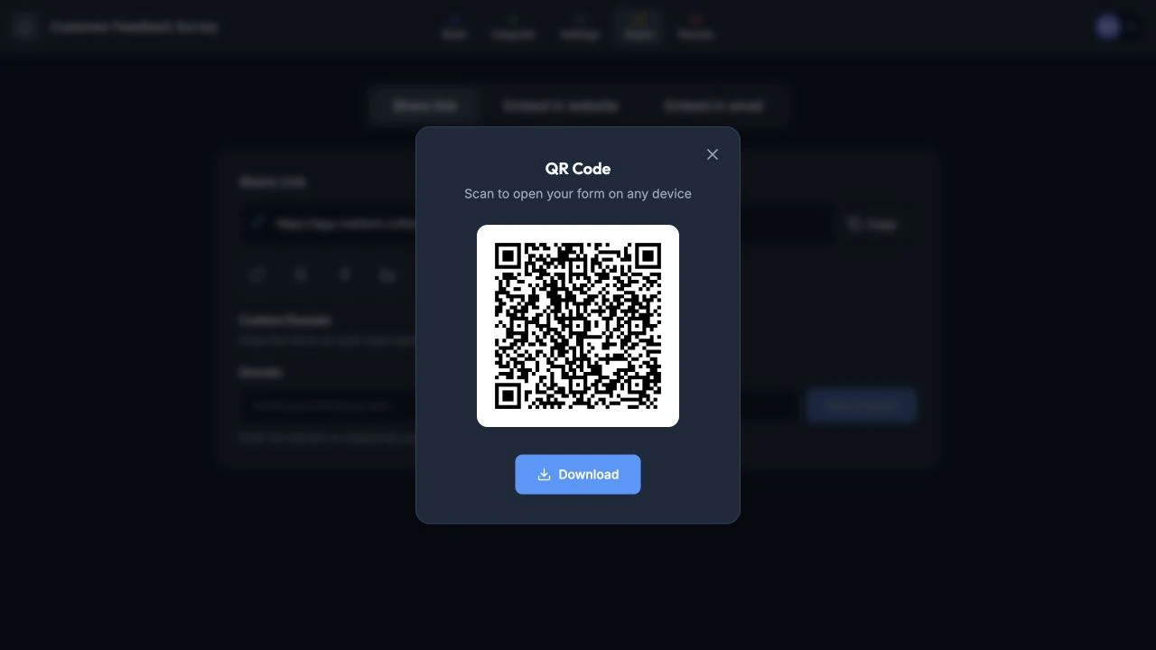 QR Code dialog with the form code and a Download button.
