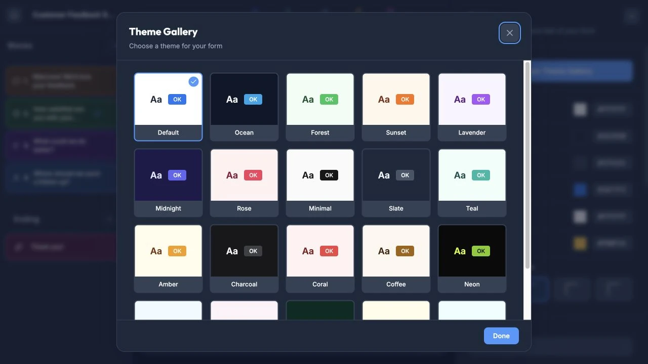Theme Gallery showing Rowform's ready-made visual presets.