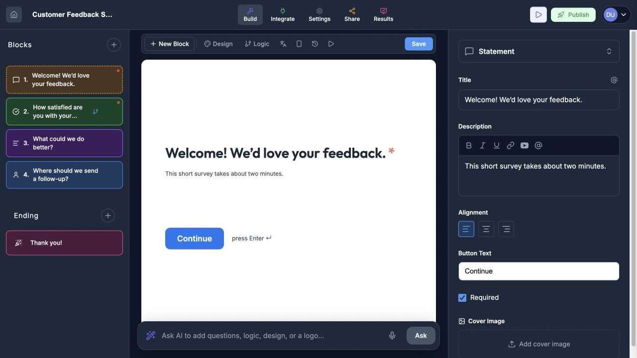 Rowform builder with the block list, live canvas, Properties panel, navigation, and toolbar.