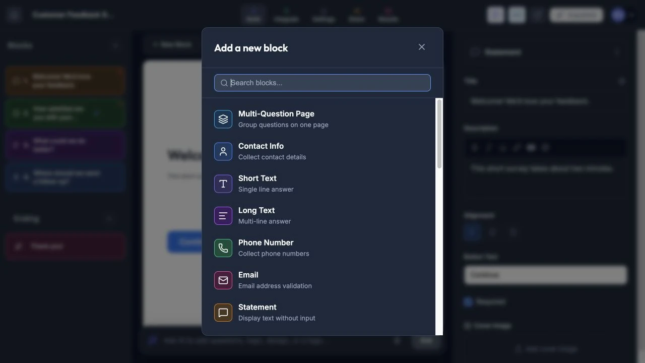 New Block dialog showing the available Rowform block types.
