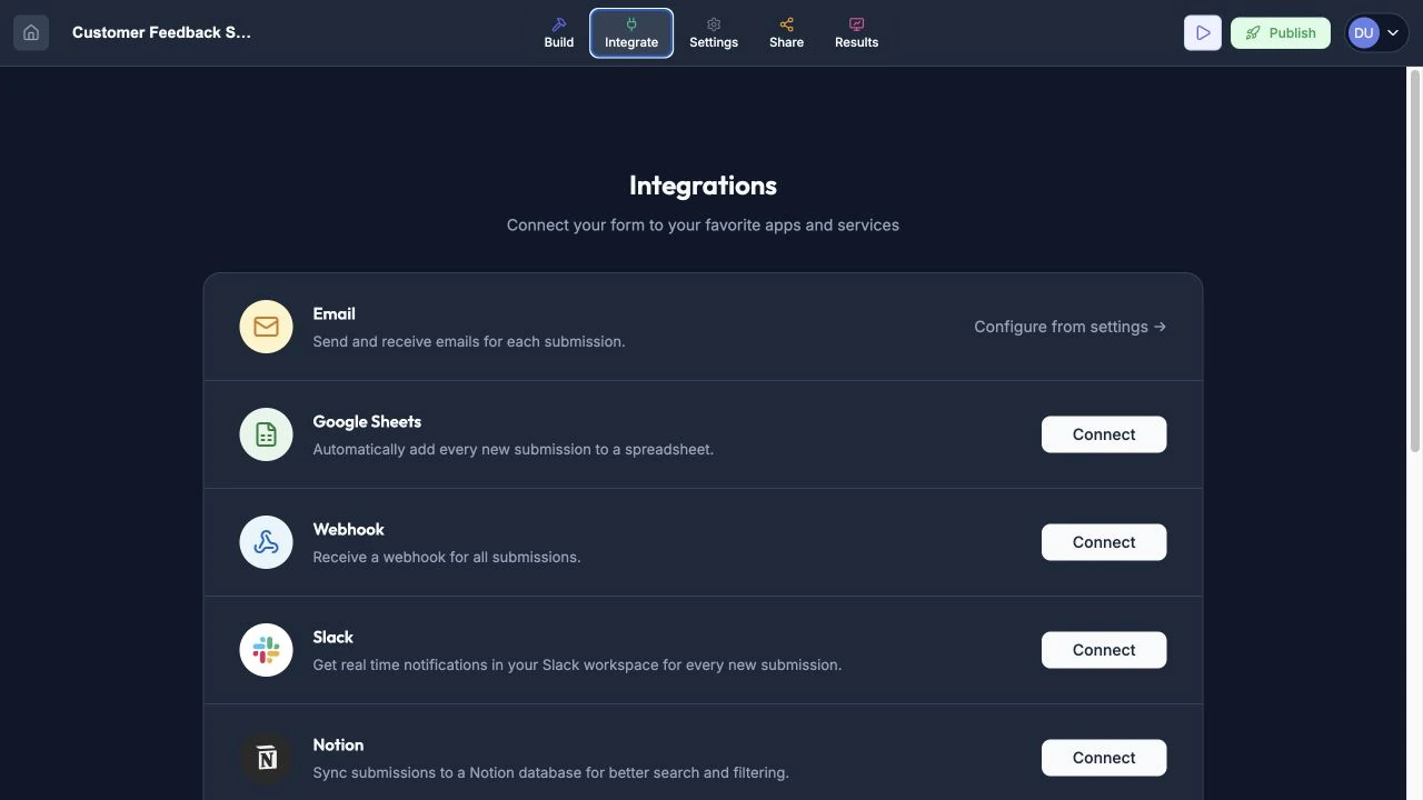 Integrations page showing the available Rowform connections, including Webhook.